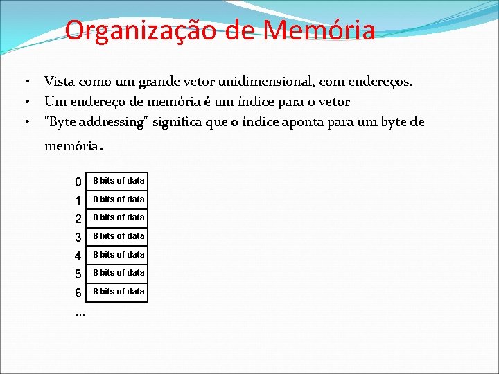 Organização de Memória • • • Vista como um grande vetor unidimensional, com endereços.