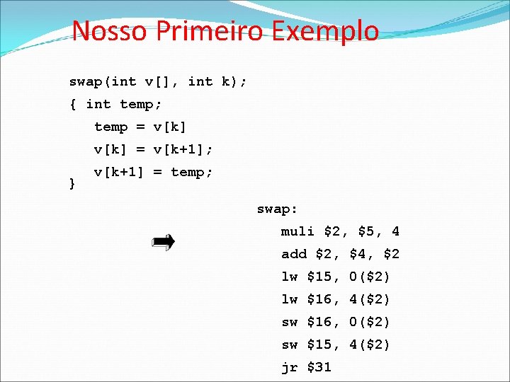 Nosso Primeiro Exemplo swap(int v[], int k); { int temp; temp = v[k] =