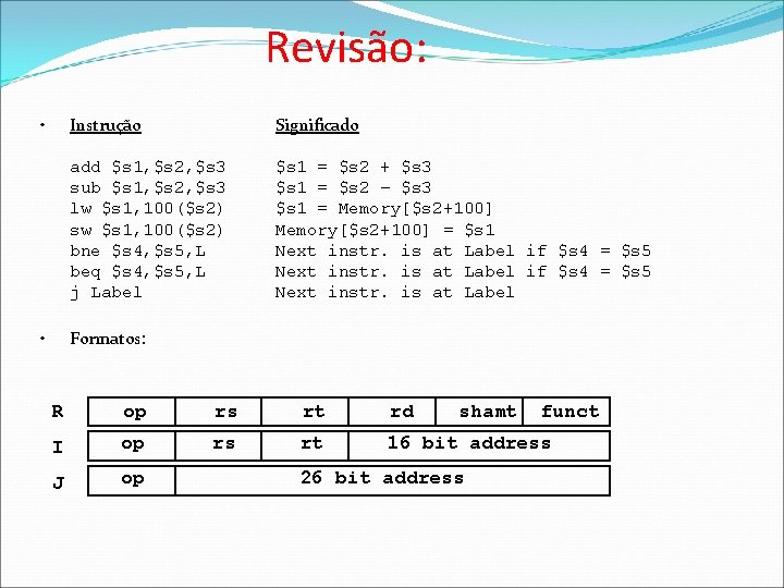 Revisão: • • Instrução Significado add $s 1, $s 2, $s 3 sub $s