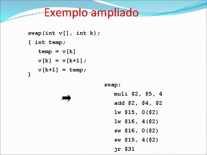 Exemplo ampliado swap(int v[], int k); { int temp; temp = v[k] = v[k+1];