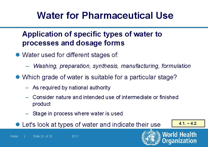 Water for Pharmaceutical Use Application of specific types of water to processes and dosage