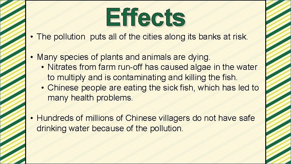 Effects • The pollution puts all of the cities along its banks at risk.