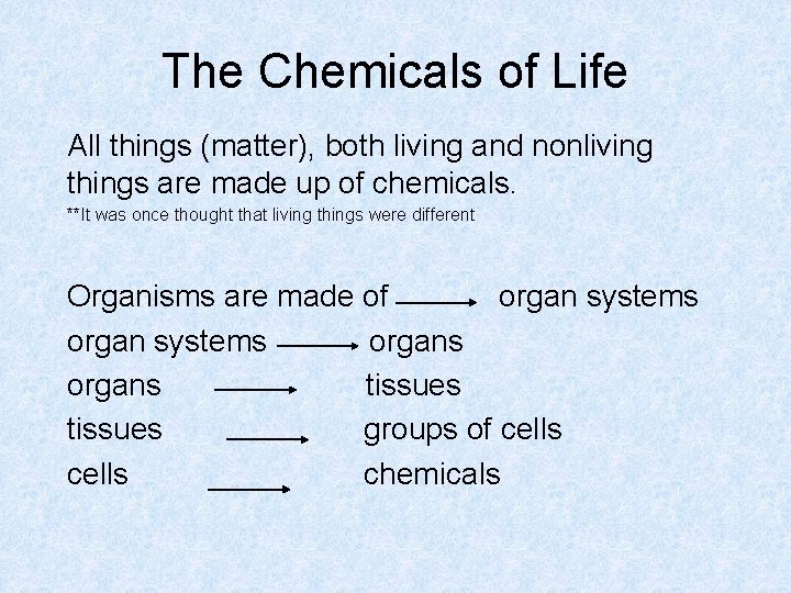 The Chemicals of Life All things (matter), both living and nonliving things are made