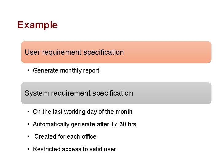 Example User requirement specification • Generate monthly report System requirement specification • On the