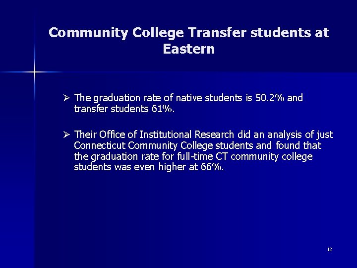 Community College Transfer students at Eastern Ø The graduation rate of native students is