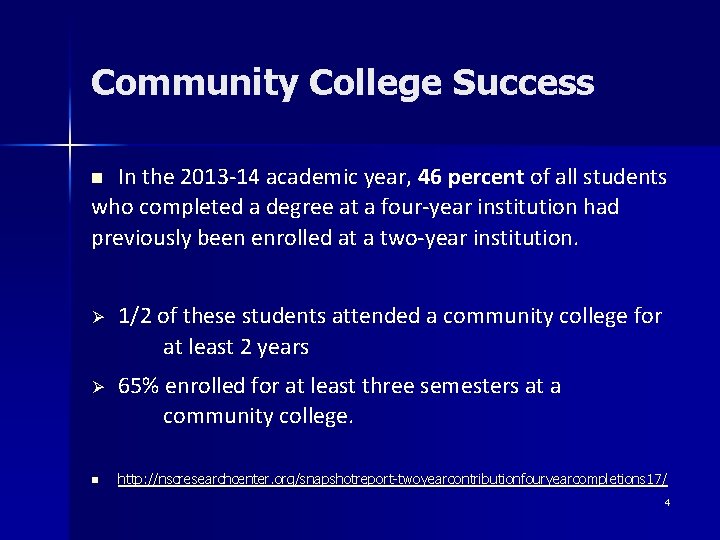 Community College Success In the 2013 -14 academic year, 46 percent of all students