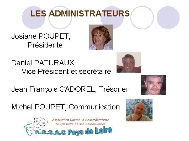 LES ADMINISTRATEURS Josiane POUPET, Présidente Daniel PATURAUX, Vice Président et secrétaire Jean François CADOREL,