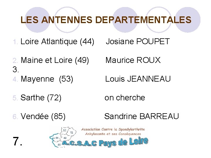  LES ANTENNES DEPARTEMENTALES 1. Loire Atlantique (44) Josiane POUPET Maine et Loire (49)