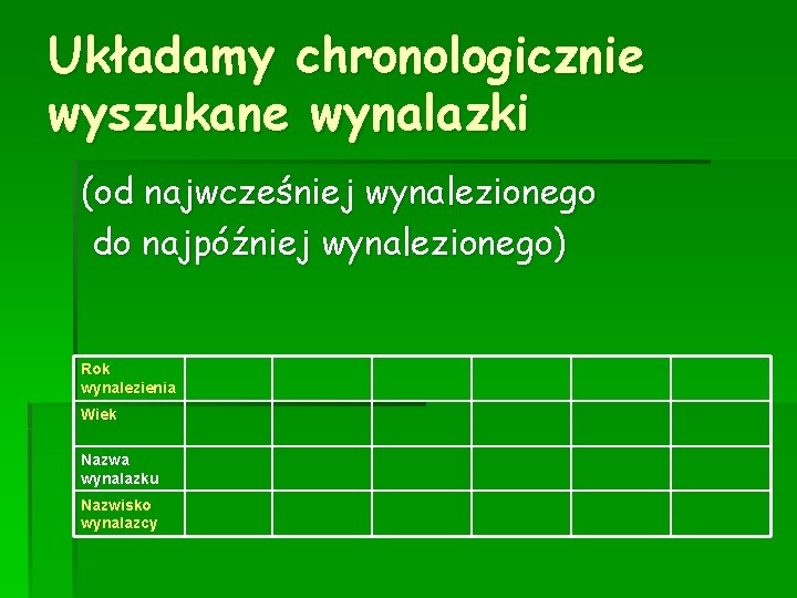 Układamy chronologicznie wyszukane wynalazki (od najwcześniej wynalezionego do najpóźniej wynalezionego) Rok wynalezienia Wiek Nazwa