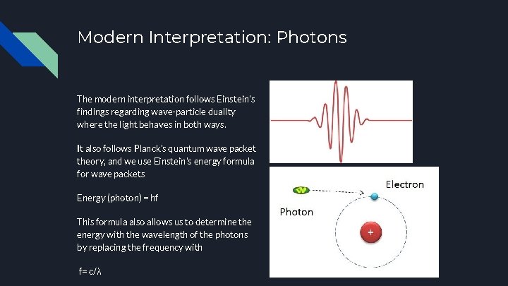 Modern Interpretation: Photons The modern interpretation follows Einstein’s findings regarding wave-particle duality where the