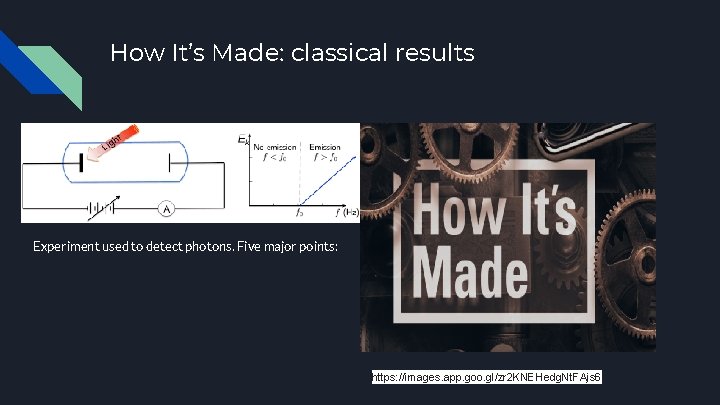 How It’s Made: classical results Experiment used to detect photons. Five major points: https: