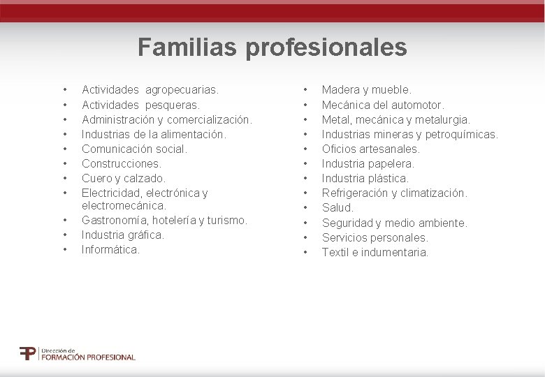 Familias profesionales • • • Actividades agropecuarias. Actividades pesqueras. Administración y comercialización. Industrias de