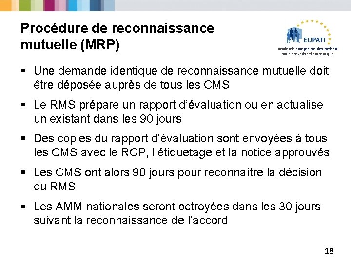 Procédure de reconnaissance mutuelle (MRP) Académie européenne des patients sur l’innovation thérapeutique § Une