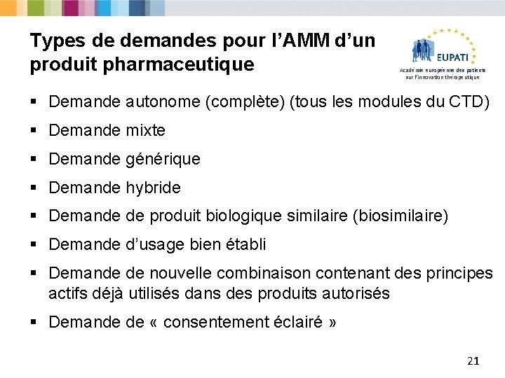 Types de demandes pour l’AMM d’un produit pharmaceutique Académie européenne des patients sur l’innovation