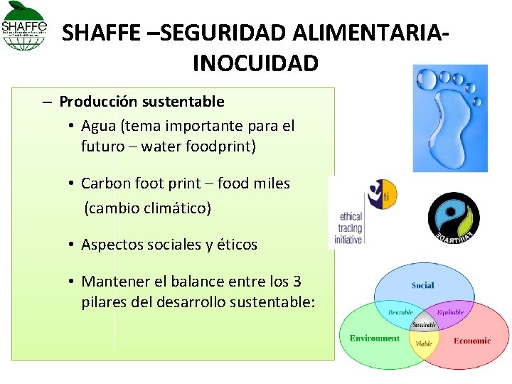 SHAFFE –SEGURIDAD ALIMENTARIAINOCUIDAD – Producción sustentable • Agua (tema importante para el futuro –