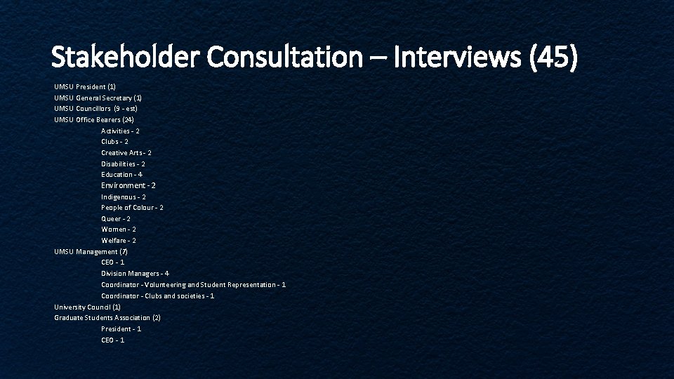 Stakeholder Consultation – Interviews (45) UMSU President (1) UMSU General Secretary (1) UMSU Councillors Stakeholder Consultation – Interviews (45) UMSU President (1) UMSU General Secretary (1) UMSU Councillors