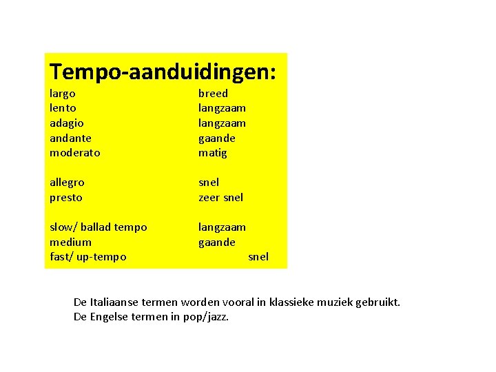 Tempo-aanduidingen: largo lento adagio andante moderato breed langzaam gaande matig allegro presto snel zeer Tempo-aanduidingen: largo lento adagio andante moderato breed langzaam gaande matig allegro presto snel zeer