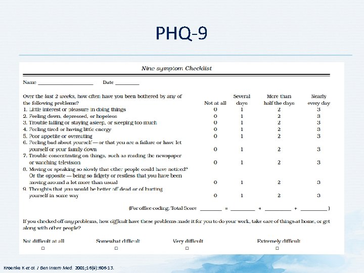 PHQ-9 Kroenke K et al. J Gen Intern Med. 2001; 16(9): 606 -13. 