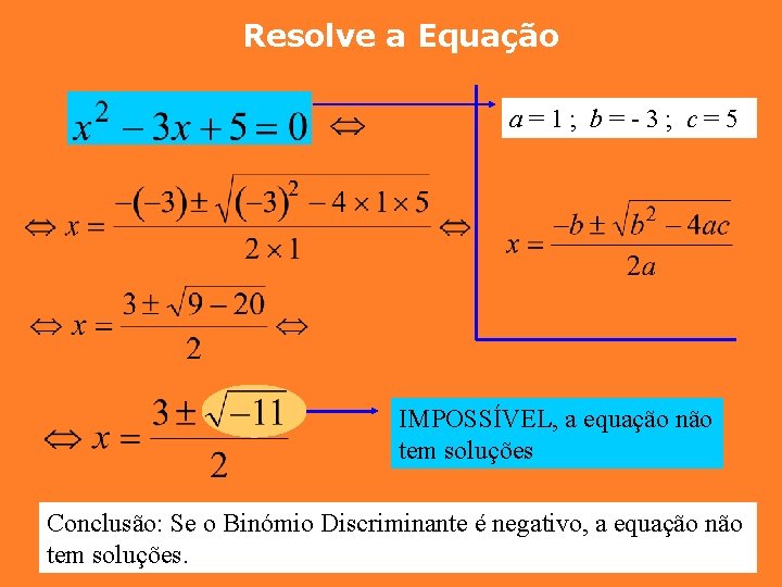 Resolve a Equação a=1; b=-3; c=5 IMPOSSÍVEL, a equação não tem soluções Conclusão: Se