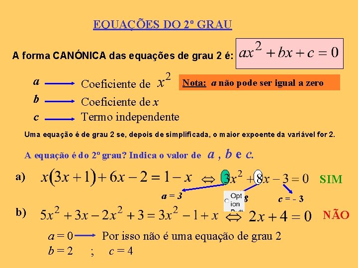 EQUAÇÕES DO 2º GRAU A forma CANÓNICA das equações de grau 2 é: a