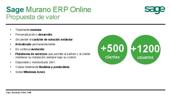 Sage Murano ERP Online Propuesta de valor • Totalmente modular • Personalización y desarrollo