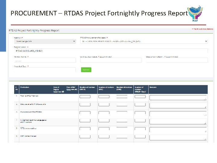 PROCUREMENT – RTDAS Project Fortnightly Progress Report 