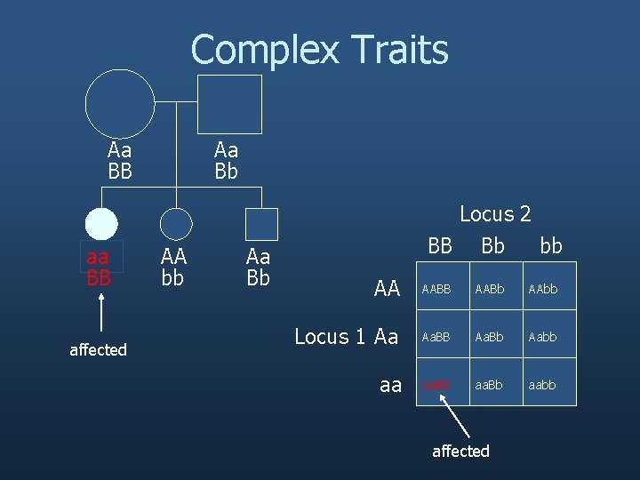 Complex Traits Aa BB affected Aa Bb AA bb Aa Bb Locus 2 BB