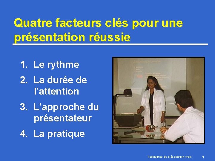 Quatre facteurs clés pour une présentation réussie 1. Le rythme 2. La durée de