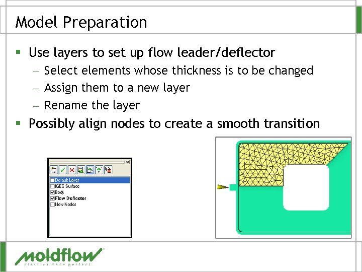 Model Preparation § Use layers to set up flow leader/deflector – Select elements whose