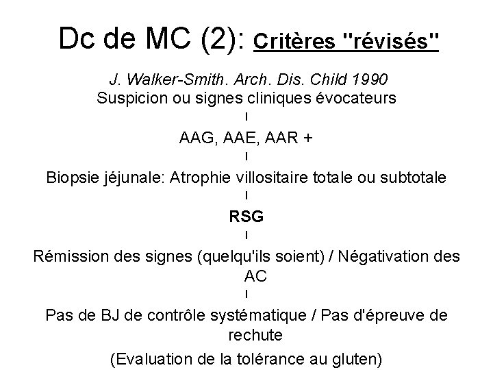 Dc de MC (2): Critères "révisés" J. Walker-Smith. Arch. Dis. Child 1990 Suspicion ou