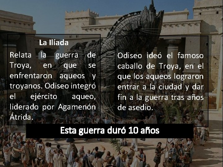 La Ilíada Relata la guerra de Troya, en que se enfrentaron aqueos y troyanos.