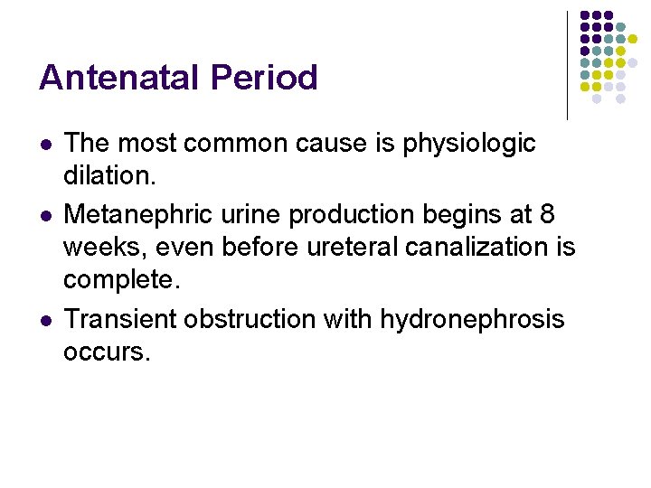 Antenatal Period l l l The most common cause is physiologic dilation. Metanephric urine