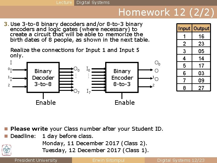 Lecture Digital Systems Homework 12 (2/2) 3. Use 3 -to-8 binary decoders and/or 8