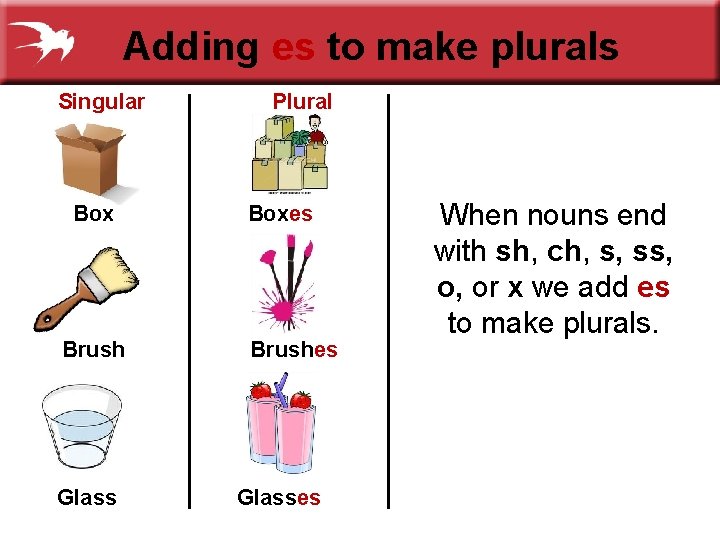 Adding es to make plurals Singular Box Brush Glass Plural Boxes Brushes Glasses When