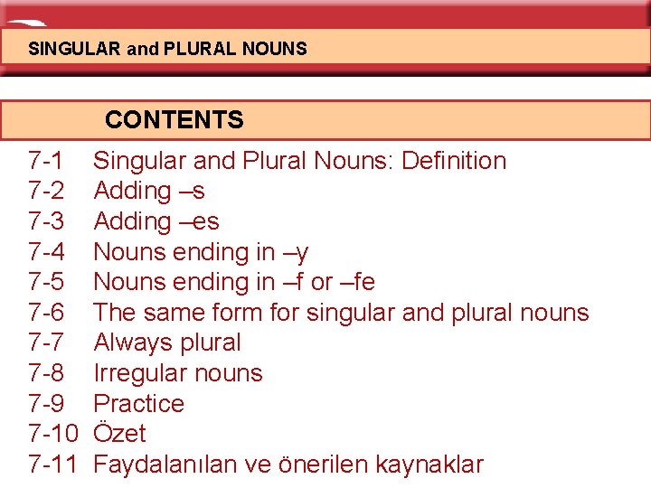 SINGULAR and PLURAL NOUNS CONTENTS 7 -1 7 -2 7 -3 7 -4 7