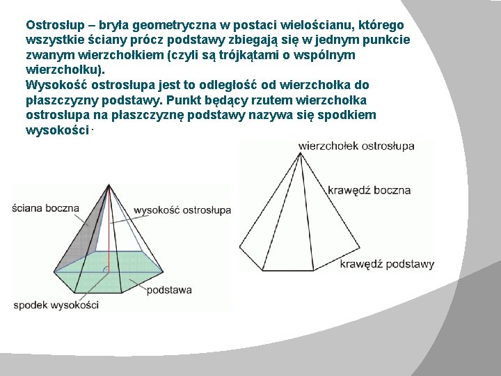 Ostrosłup – bryła geometryczna w postaci wielościanu, którego wszystkie ściany prócz podstawy zbiegają się Ostrosłup – bryła geometryczna w postaci wielościanu, którego wszystkie ściany prócz podstawy zbiegają się