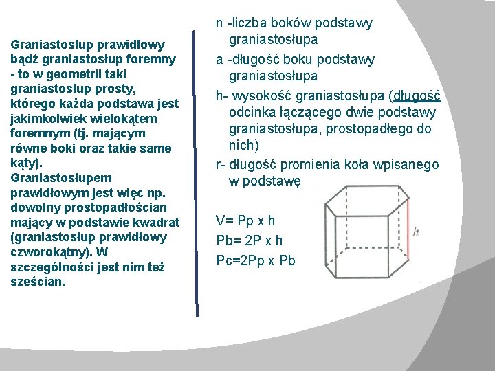 Graniastosłup prawidłowy bądź graniastosłup foremny - to w geometrii taki graniastosłup prosty, którego każda