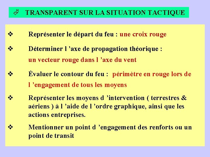 Ã TRANSPARENT SUR LA SITUATION TACTIQUE v v Représenter le départ du feu :