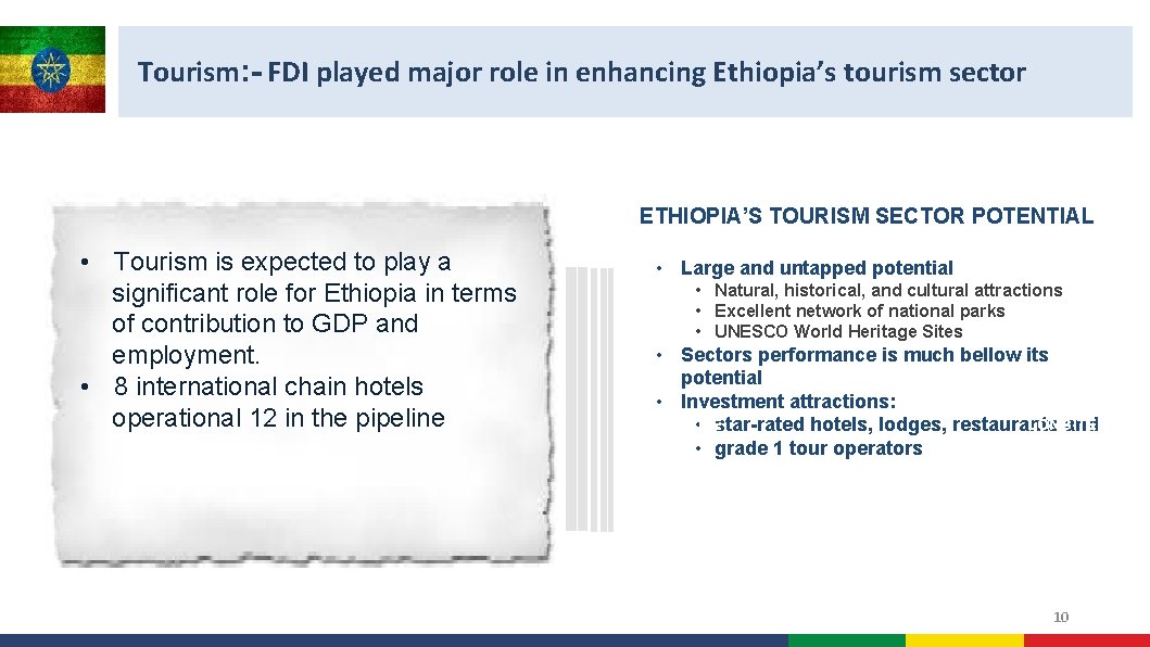 Tourism: - FDI played major role in enhancing Ethiopia’s tourism sector ETHIOPIA’S TOURISM SECTOR