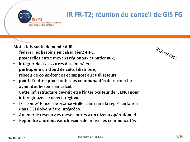 IR FR-T 2; réunion du conseil de GIS FG Mots clefs sur la demande