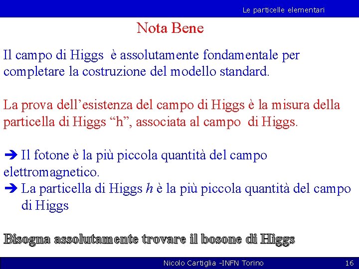 Le particelle elementari Nota Bene Il campo di Higgs è assolutamente fondamentale per completare