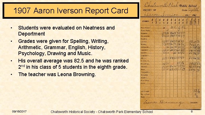 1907 Aaron Iverson Report Card • • Students were evaluated on Neatness and Deportment