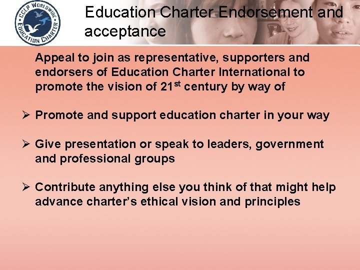 Education Charter Endorsement and acceptance Appeal to join as representative, supporters and endorsers of