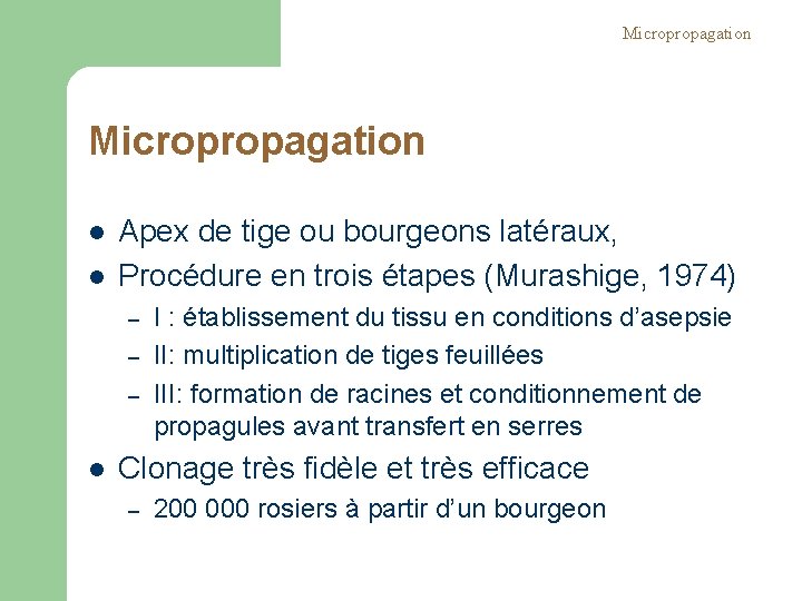 Micropropagation l l Apex de tige ou bourgeons latéraux, Procédure en trois étapes (Murashige, Micropropagation l l Apex de tige ou bourgeons latéraux, Procédure en trois étapes (Murashige,