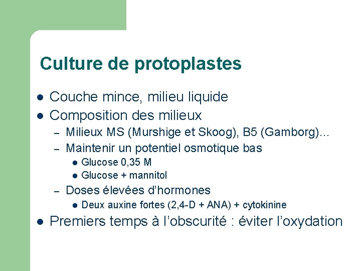 Culture de protoplastes l l Couche mince, milieu liquide Composition des milieux – – Culture de protoplastes l l Couche mince, milieu liquide Composition des milieux – –