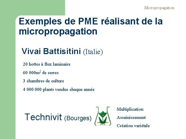 Micropropagation Exemples de PME réalisant de la micropropagation Vivai Battisitini (Italie) 20 hottes à Micropropagation Exemples de PME réalisant de la micropropagation Vivai Battisitini (Italie) 20 hottes à