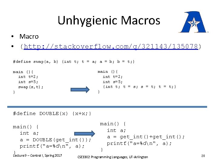 Unhygienic Macros • Macro • (http: //stackoverflow. com/q/321143/135078) #define swap(a, b) {int t; t