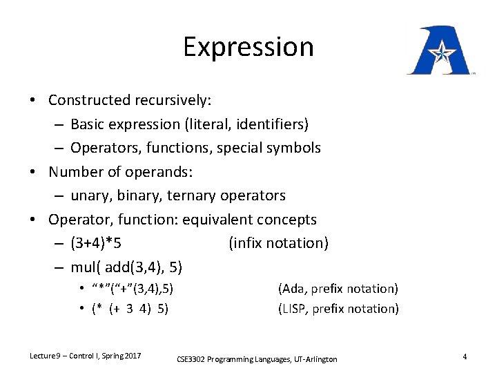 Expression • Constructed recursively: – Basic expression (literal, identifiers) – Operators, functions, special symbols