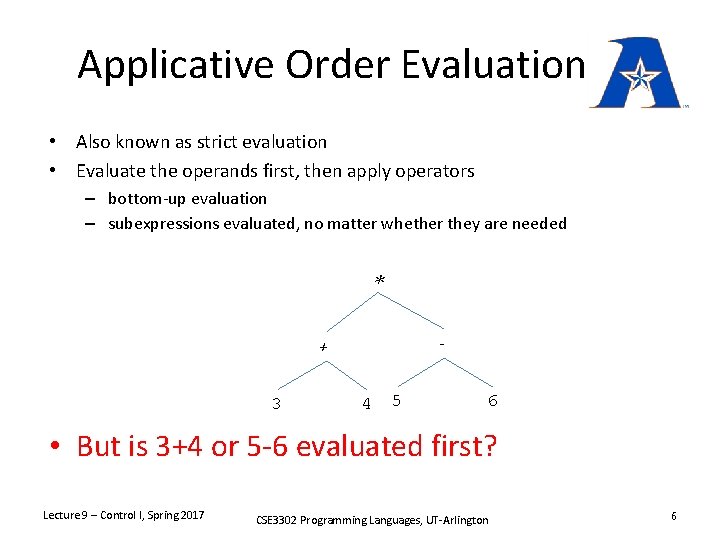 Applicative Order Evaluation • Also known as strict evaluation • Evaluate the operands first,