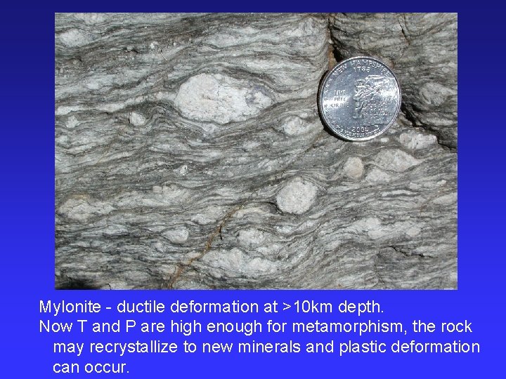 Mylonite - ductile deformation at >10 km depth. Now T and P are high